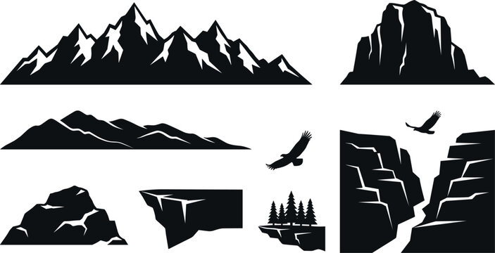 Mountain and Cliff Silhouette Vector Icon Set Featuring Rock Formations Canyons Pine Trees and Flying Eagles for Nature and Outdoor Adventure Graphic Designs