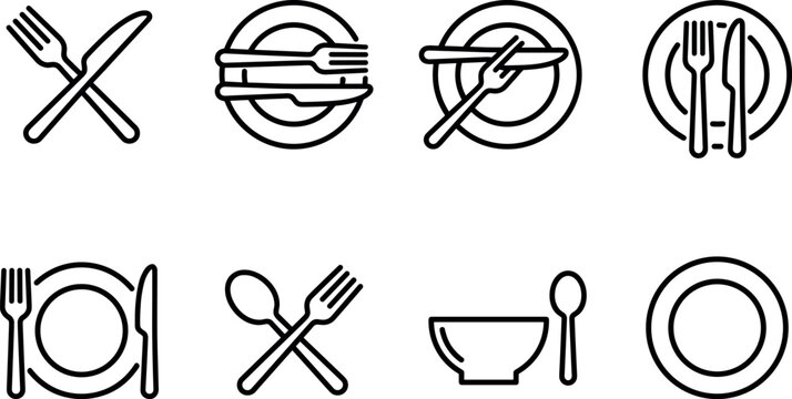 Cutlery and Plate Line Icon Set Featuring Fork Knife Spoon and Bowl Symbols for Restaurant Table Settings Dining Etiquette and Food Vector Graphic Designs