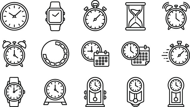 Time and Clock Line Icon Set Featuring Alarm Clock Wristwatch Stopwatch Hourglass Grandfather Clock and Calendar Symbols for Management App Vector Graphic Designs
