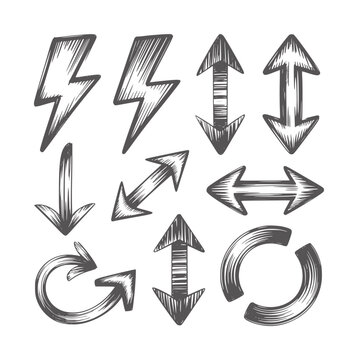 Hand drawn style dark gray arrows and lightning bolts