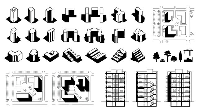 Architectural massing study diagram set with isometric building volume, site plan and cross section concept illustration