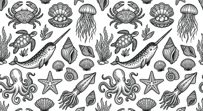 Seamless nautical pattern with black and white vector illustrations of narwhals, octopuses, sea turtles, crabs, squids, and shells in a balanced layout for premium wallpaper design.