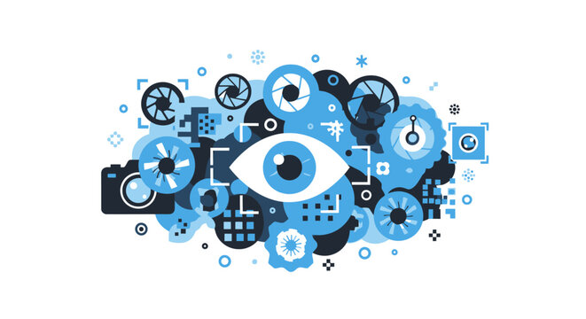 Abstract Photography and Visual Technology Concept Illustration with Eye, Lens Apertures, and Camera Icons in Blue Flat Design Style