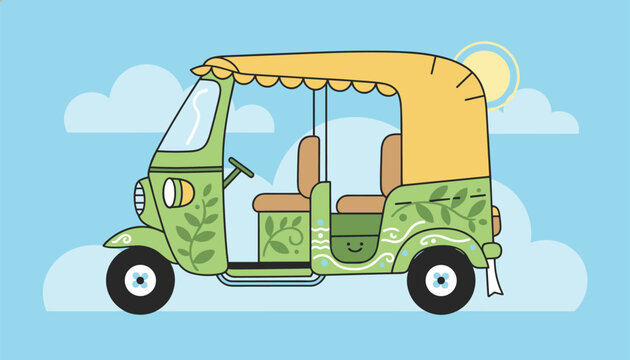 Adorable green motorized auto rickshaw or tuk-tuk with traditional floral decorations standing against a sky background.