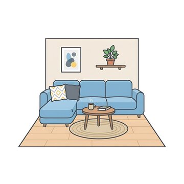 Modern living room interior with a blue sofa and coffee table in flat vector illustration style.