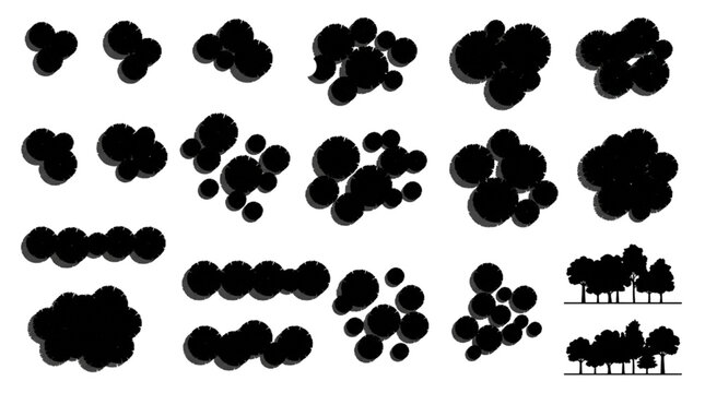 Tree cluster top view silhouette set with canopy group and tree row, vector site plan element collection