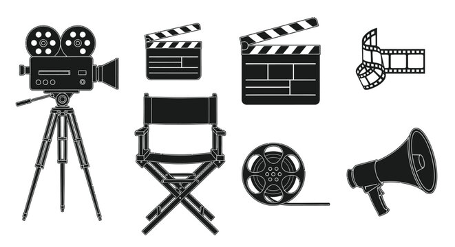 Filmmaking Equipment Silhouette Collection On White Background