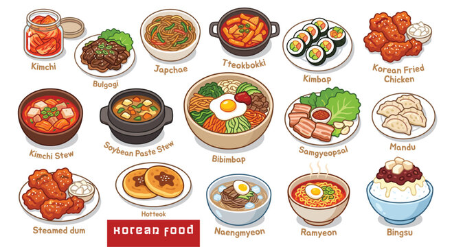 Korean food collection featuring authentic traditional dishes, colorful hand drawn illustrations isolated for restaurant menus.