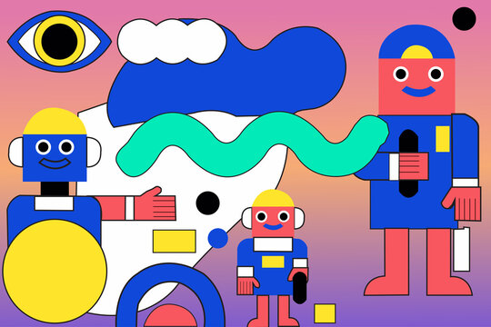 Abstract geometric background with cute cartoon robots, all-seeing eye, and colorful shapes in Memphis art style