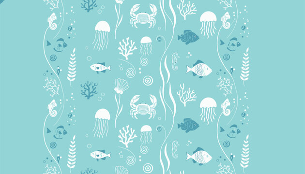 Beautiful underwater seamless pattern in blue and white, featuring crabs, jellyfish, fish, seashells, and seaweed.