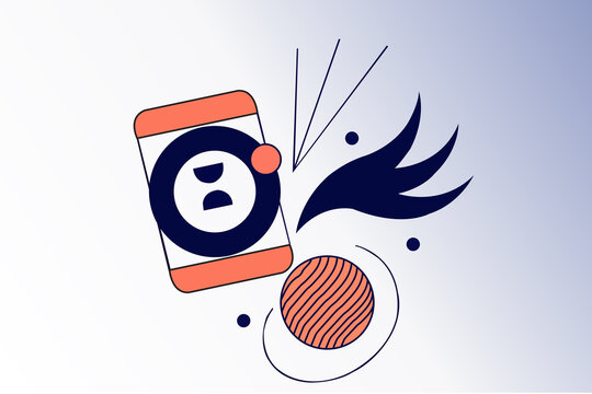 Abstract minimalist background with cartoon smartphone, hourglass icon, and wing shape on gradient