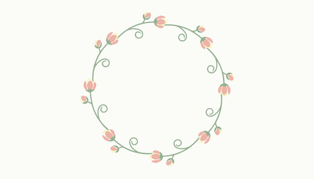 Delicate floral wreath frame made of simple pink rosebuds on green leafy vines, ideal for greeting cards or invitations.