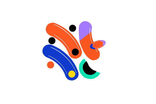 Abstract minimalist composition with colorful curved capsule shapes and dots on white background