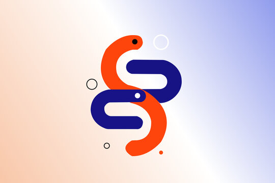 Abstract minimalist background with interlocking blue and orange curved shapes resembling letter S