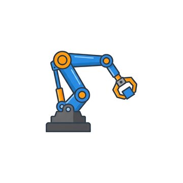 A flat vector illustration of an industrial robotic arm performing assembly tasks.