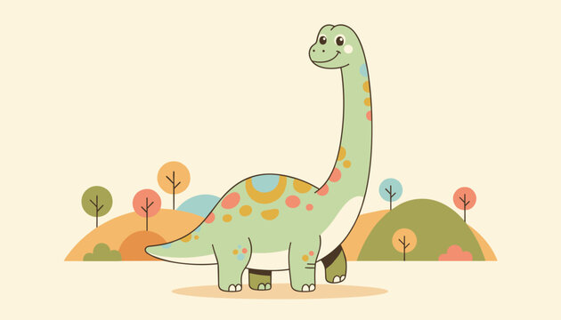 Charming cartoon brontosaurus dinosaur with colorful spots, walking peacefully through a simplified landscape of rolling hills.