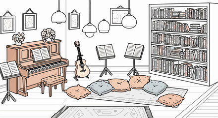 Fototapeta premium Musical instruments and sheet music in a cozy room setting.