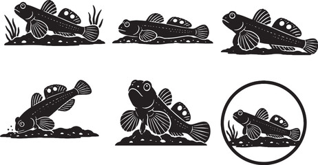 Twinspot Goby Silhouette Icon Set Black Vector Reef Aquarium Fish Collection © VanChien