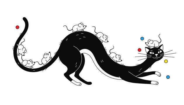 Whimsical black cat arching its back has several tiny white mice playfully climbing and running along its body.