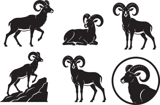 Urial Silhouette Icon Set Wild Mountain Sheep Black Vector Collection