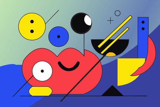 Modern abstract geometric background with playful cartoon characters, happy face and noodles bowl illustration