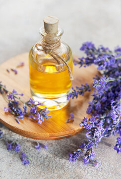 Lavender essential oil bottle with fresh flowers