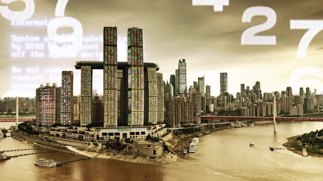 chongqing cyberpunk city with overlayed code and data on the buildings
