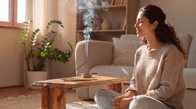 Young woman meditating in a cozy living room with burning incense sticks and smoke swirling
