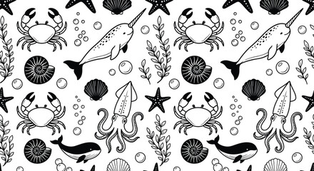 Minimalist black and white seamless marine pattern featuring hand-drawn narwhals, squids, crabs, starfish, and seashells in a calm Scandinavian style for textile and background designs. © Izzana