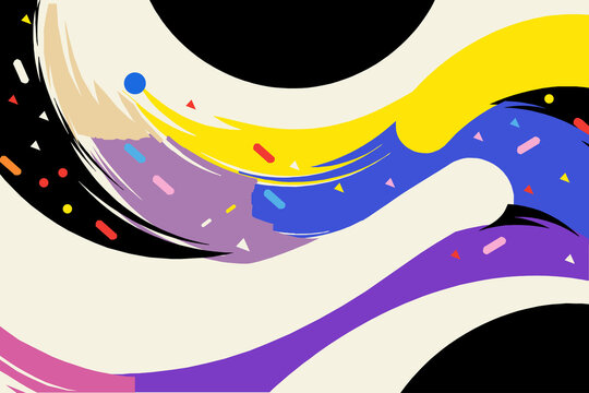 Vibrant abstract wave background with colorful paint brush strokes and geometric confetti shapes