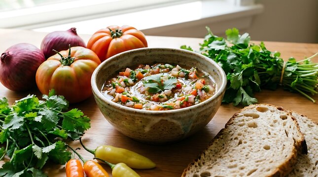 Fresh homemade pico de gallo salsa in a bowl with tomatoes onions cilantro and bread on a table. Chilean Cuisine 