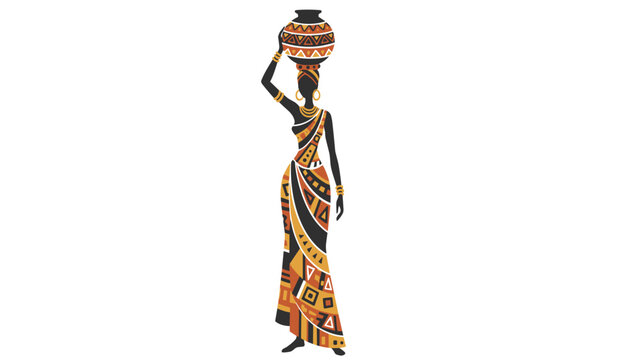Elegant silhouette of an African woman carrying a traditional clay pot on her head with ethnic geometric patterns.