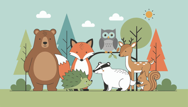 Woodland forest animals including a bear, fox, deer, badger, owl, and squirrel gathered together in a stylized forest.