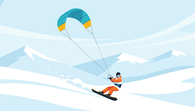 Snowkiting adventurer gliding down a snowy mountain slope on a snowboard under a bright blue sky.