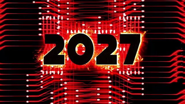 2027 New Year Background Parallel Red Circuit