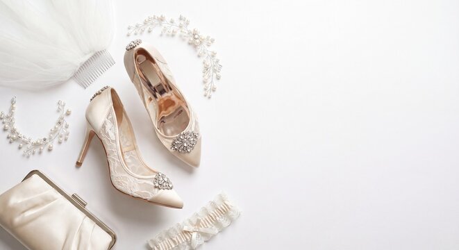 A clean flat lay composition of luxury white wedding high heels a stylish clutch purse a hair vine tiara and delicate bridal jewelry on a white background