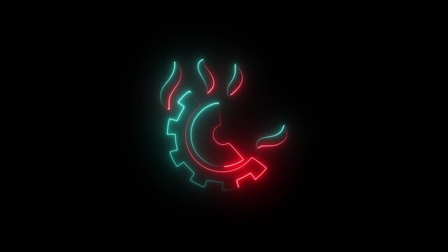 Neon glowing cogwheel symbol with fire flames on black background gear flame