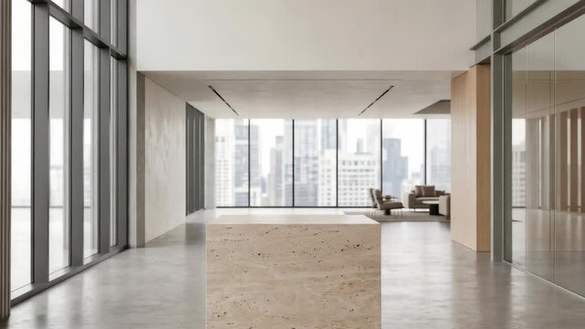A bright indoor area shows a stone pedestal in the center. Large windows display a city skyline. There are chairs in the background. The space has minimal furniture and is open