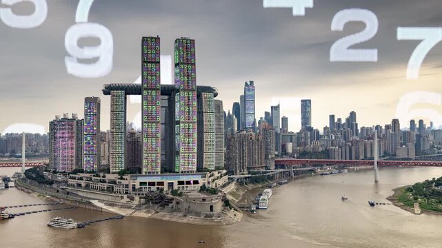 chongqing cyberpunk city with overlayed code and data on the buildings