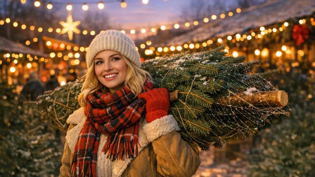 A woman in winter clothing carries a large Christmas tree on her shoulder. She is smiling and has a festive spirit. The background features twinkling string lights and holiday decorations.