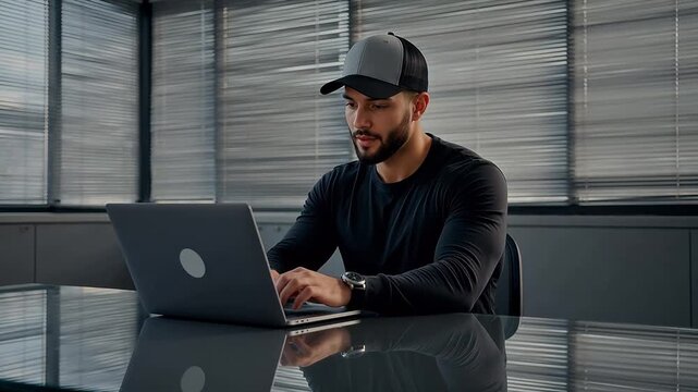 Young bearded man in cap working on laptop at modern glass desk in office with blinds