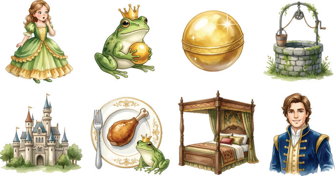 Vector Illustration Frog Prince Watercolor Illustration Set with Royal Fantasy Elements