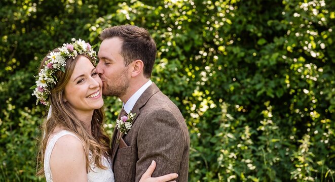 A close up portrait of a newly married affectionate couple with the groom kissing the bride while she wears a beautiful flower crown