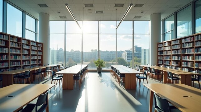 Biblioteca universitaria contempor&aacute;nea con grandes ventanales y mesas de estudio
