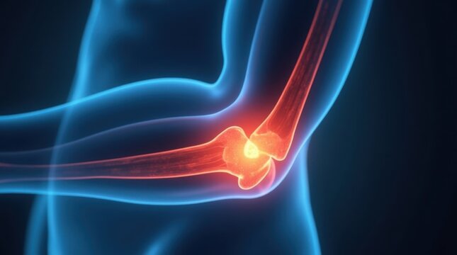 Anatom&iacute;a del codo estilo radiograf&iacute;a, con la zona de la articulaci&oacute;n inflamada resaltada y un fondo m&eacute;dico limpio