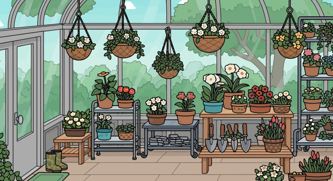 Vibrant indoor greenhouse filled with various potted plants and hanging baskets.