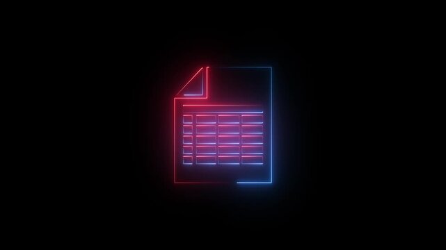 Neon glowing digital document spreadsheet icon on black background data business