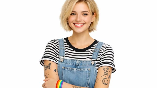 A joyful young female model wearing denim overalls and a striped shirt with tattoos on her arms.