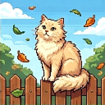 Cat in Autumn Scene with Falling Leaves, Pixel Art