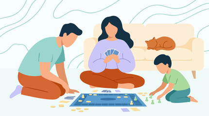 Obraz premium Family playing board games and card games at home with pet cat